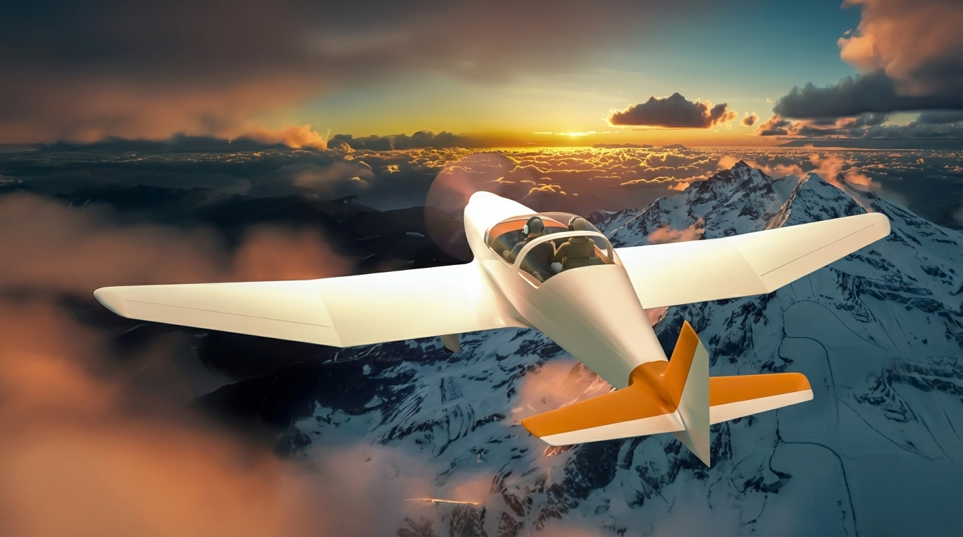 Two-seat white glider with orange tail flying over snow-covered alpine peaks at sunset