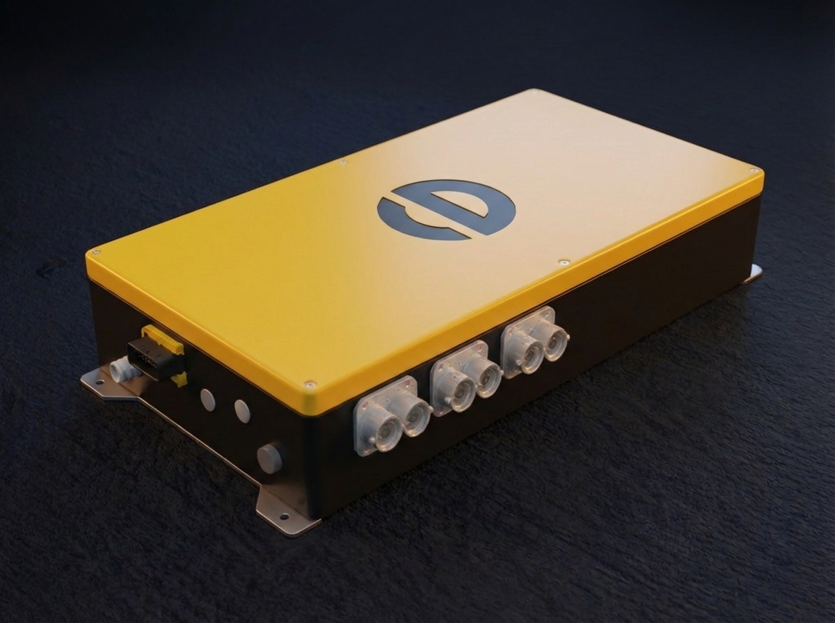 Gelbes und schwarzes Power-Distribution-Modul PDU L38A mit mehreren Hochstrom-Anschlussports und robustem Gussgehäuse. Ansicht von der Rückseite