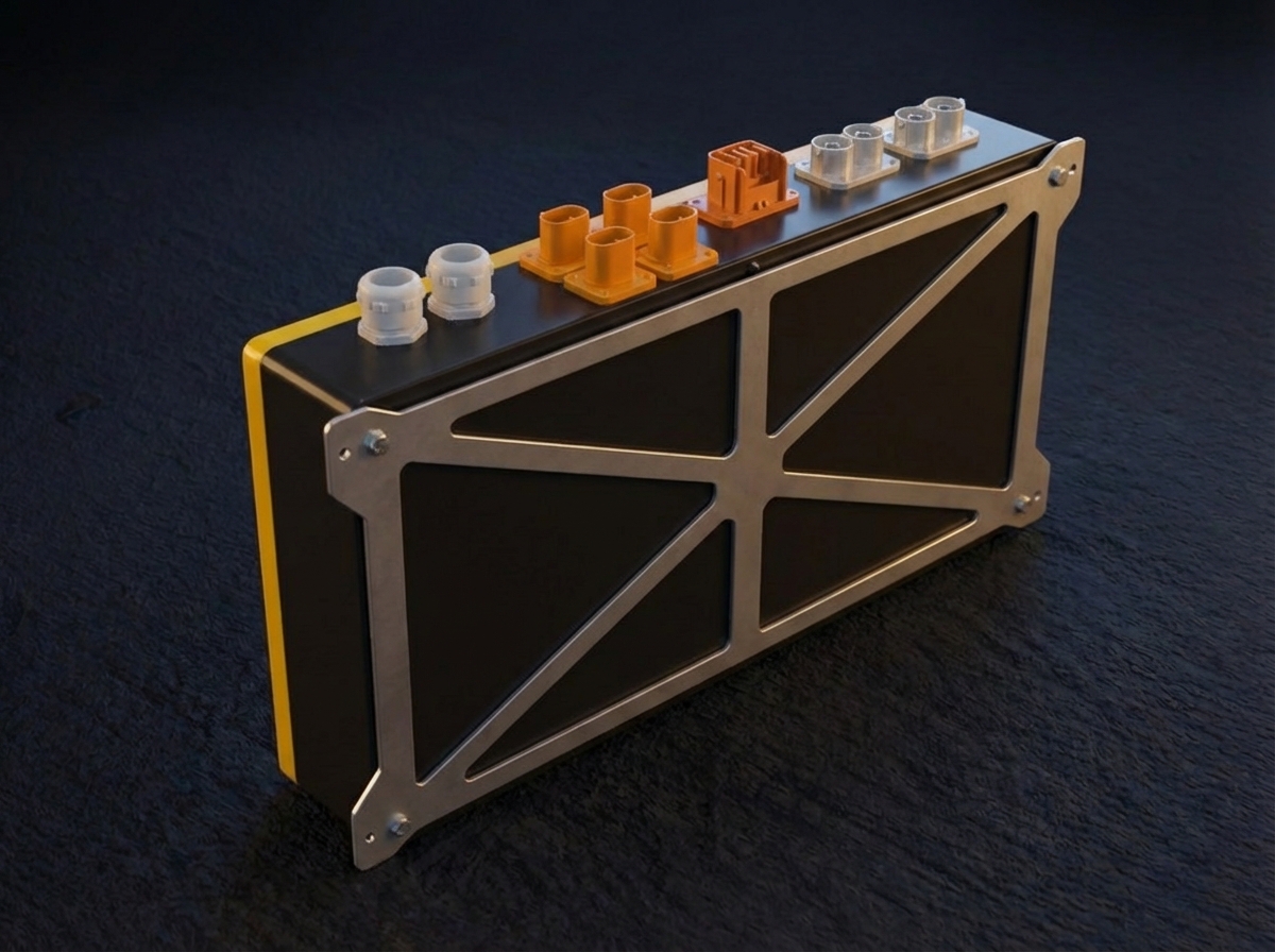 Gelbes und schwarzes Power-Distribution-Modul PDU L38A mit mehreren Hochstrom-Anschlussports und robustem Gussgehäuse. Ansicht von unten, Frosch-Perspektive