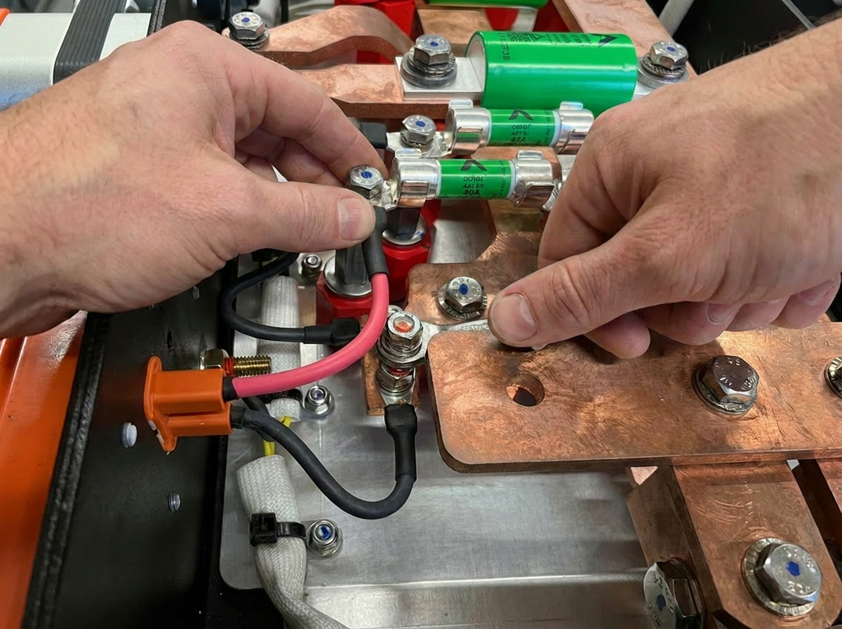 Add two realistic hands of a mechanic into the image, positioned naturally as if tightening a connector. The hands should be slightly greasy and detailed, with visible texture and subtle dirt to match a working environment. Ensure proper lighting, shadows, and perspective so they blend seamlessly into the scene. The hands should interact precisely with the connector, showing a firm grip and realistic tension. Maintain the original image style and color grading.