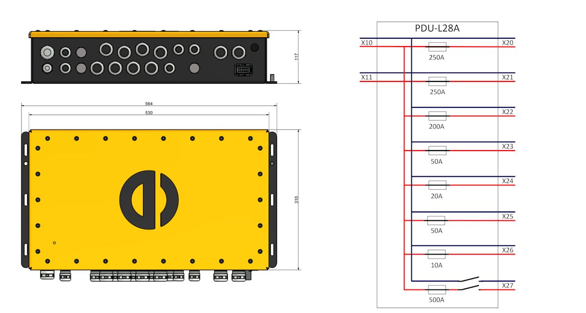 Technische Zeichnung einer gelben Hochleistungs-Power-Distribution-Unit (PDU-L28A) mit Anschlussfeldern und schematischer Stromlaufübersicht.