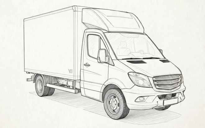 Line drawing of a box truck (delivery truck) viewed from the front-right, showing the enclosed cargo box and cab.