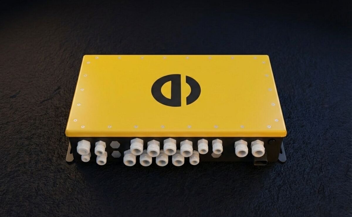 Gelbes und schwarzes Power-Distribution-Modul PDU L28A mit mehreren Hochstrom-Anschlussports und robustem Gussgehäuse.
