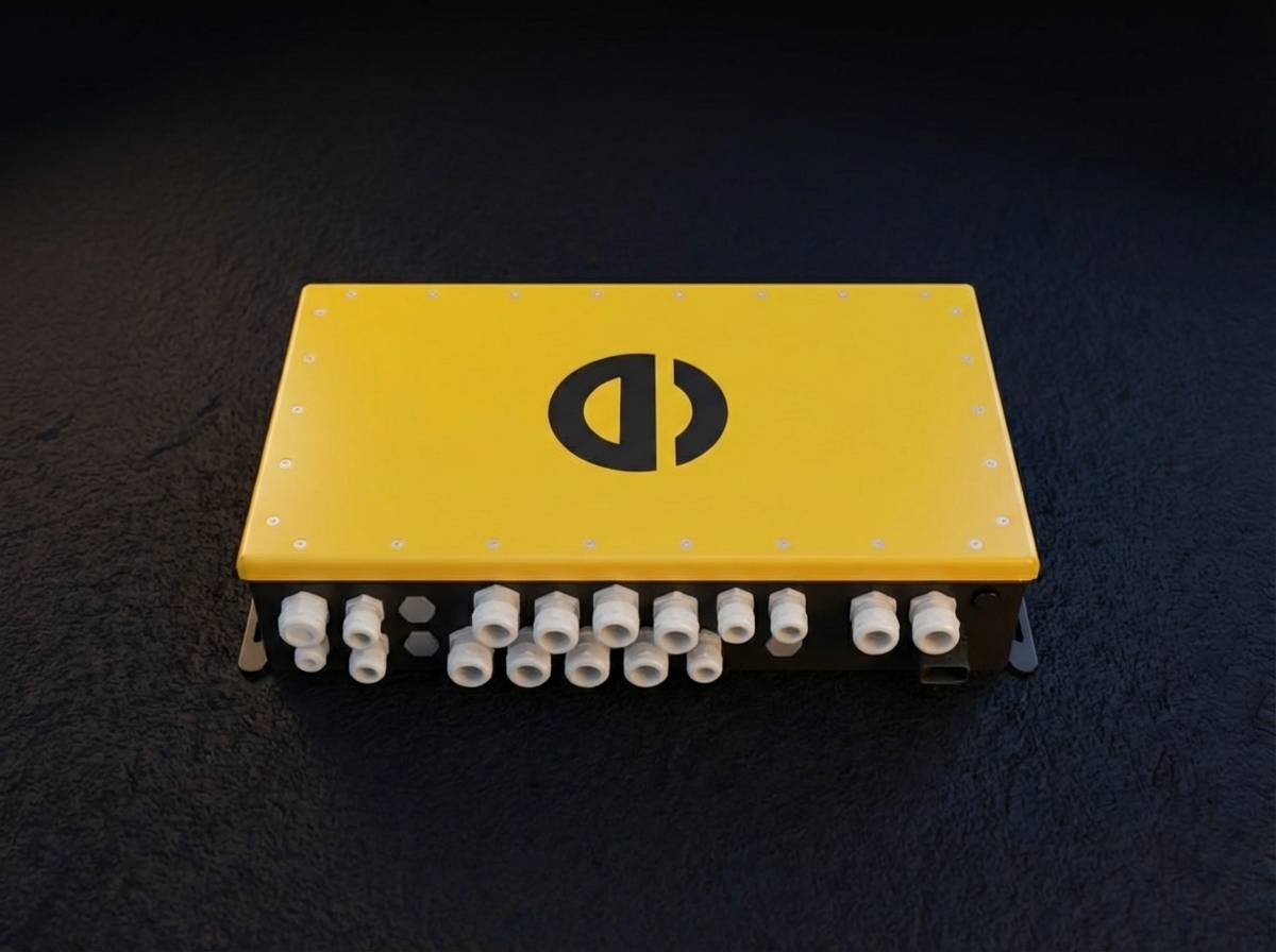 Gelbes und schwarzes Power-Distribution-Modul PDU L28A mit mehreren Hochstrom-Anschlussports und robustem Gussgehäuse.