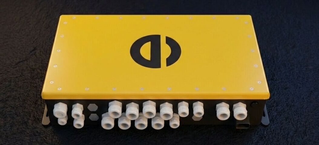 Gelbes und schwarzes Power-Distribution-Modul PDU L28A mit mehreren Hochstrom-Anschlussports und robustem Gussgehäuse.